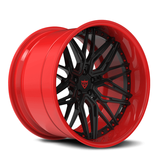 RVRN RV-T081 custom forged red and black wheels for Corvette C8 featuring aggressive deep dish wheels and premium black and red finish