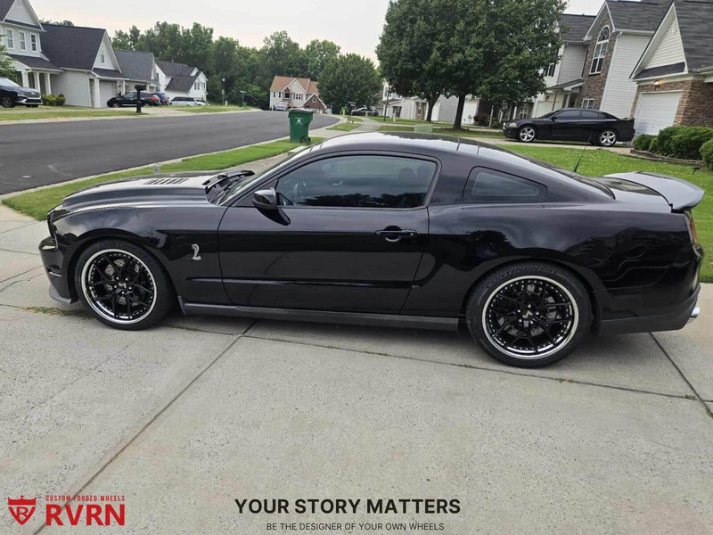 2011 Ford Shelby GT500 on RVRN Forged RV-DR08D 20” Step Lip Wheels parked on a street in a residential area.