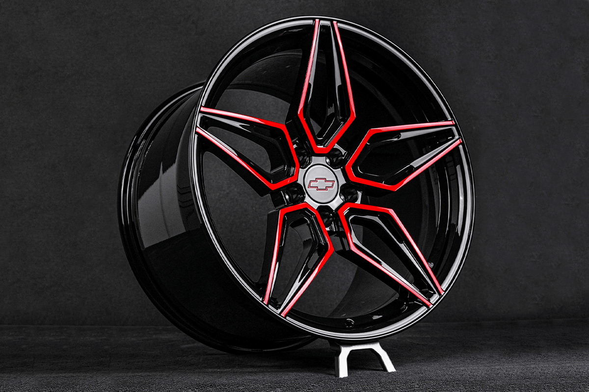 RV-MC07 forged monoblock wheel for a 2023 Camaro ZL1 in gloss black with RVRN Red spoke accents