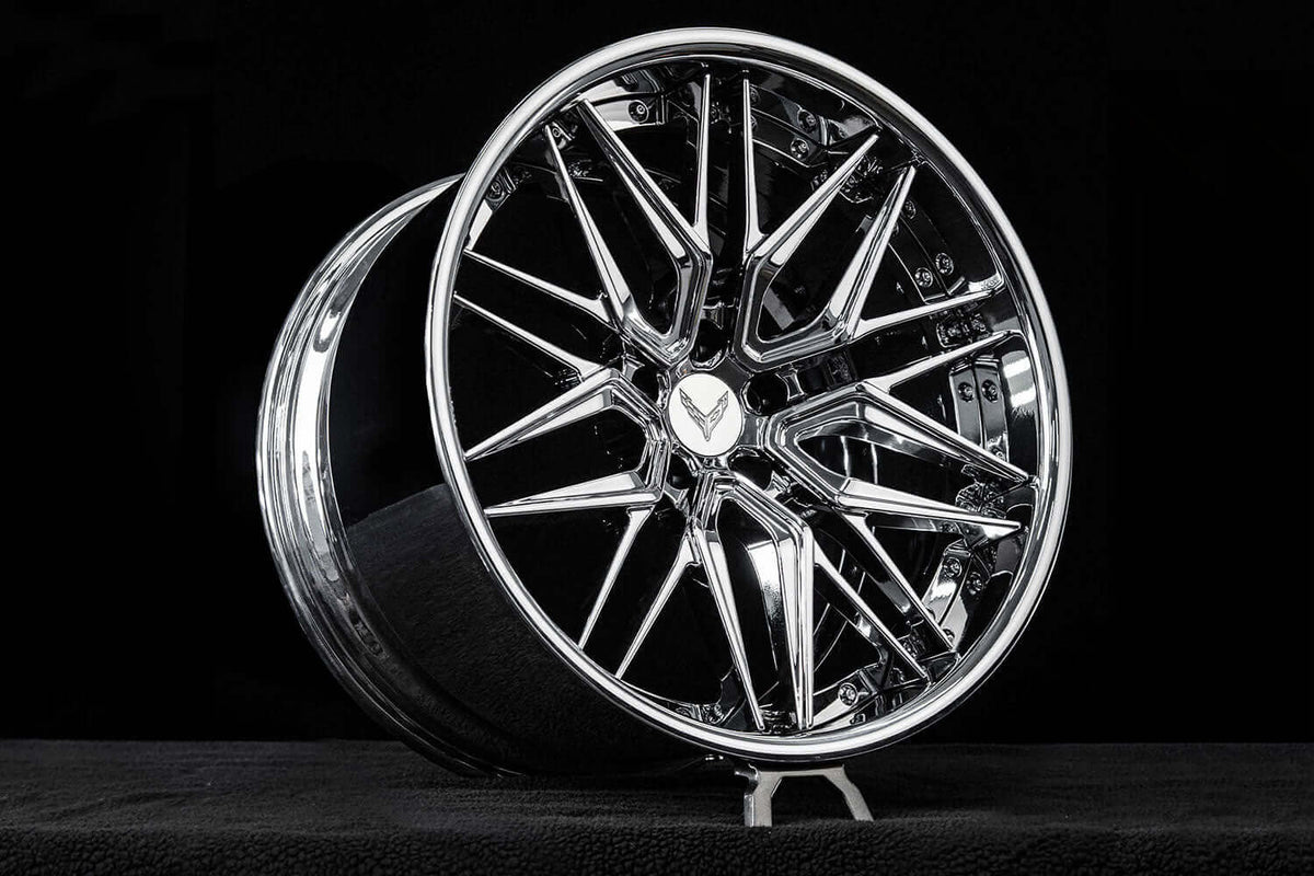 2025 Corvette C8 Z06 Custom Concave Chrome 20x10-21x13 Forged Wheels: RV-T081 showcasing a polished chrome finish.
