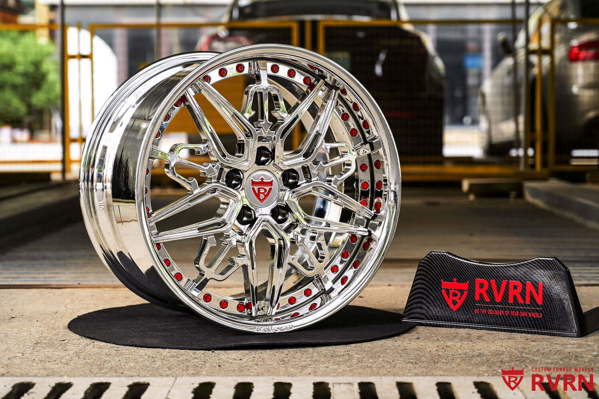 2011 Corvette C6 Grand Sport custom 2-piece forged wheels, RVRN RM-01, Chrome and RVRN Red, 18x9.5 +35MM / 19x12 +48MM
