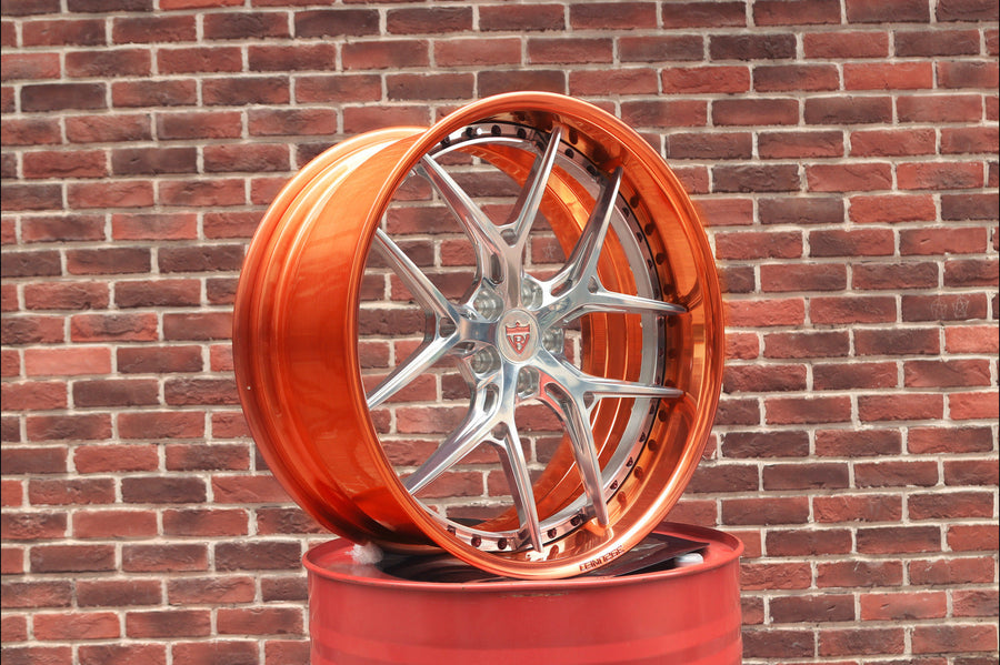 2018 Dodge Charger custom 22 inch staggered deep dish forged RV-DR08D wheels in Polished Aluminum and Rose Gold.