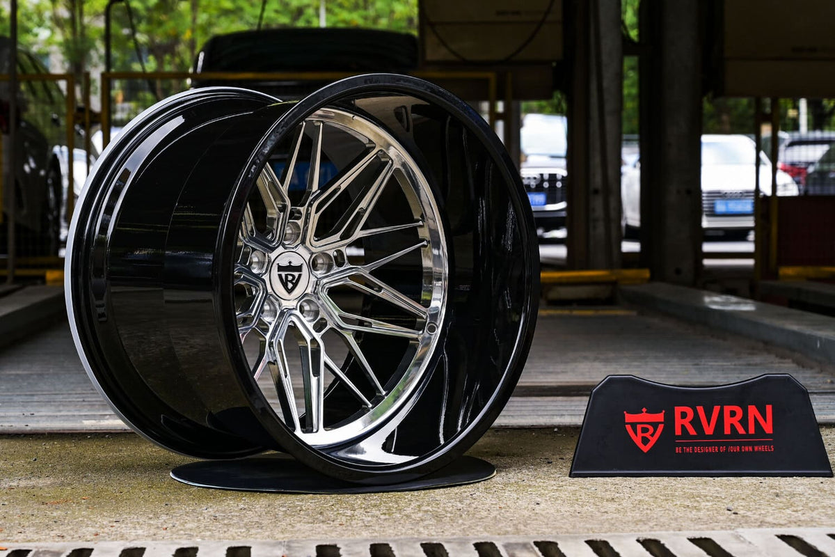 Pair of RVRN RV-T081 gloss black forged wheels with polished lips built for a 1951 Chevy Truck.