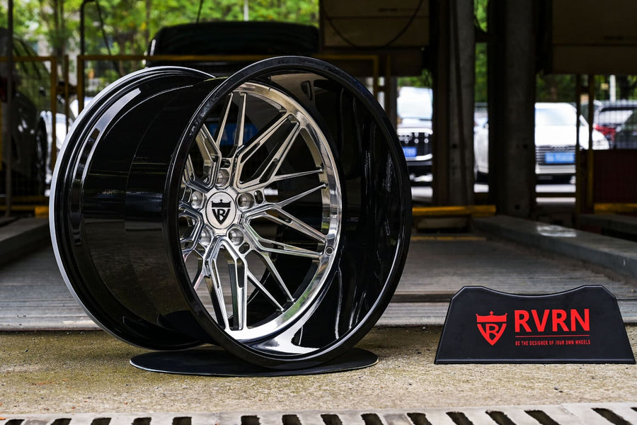 Pair of RVRN RV-T081 gloss black forged wheels with polished lips built for a 1951 Chevy Truck.