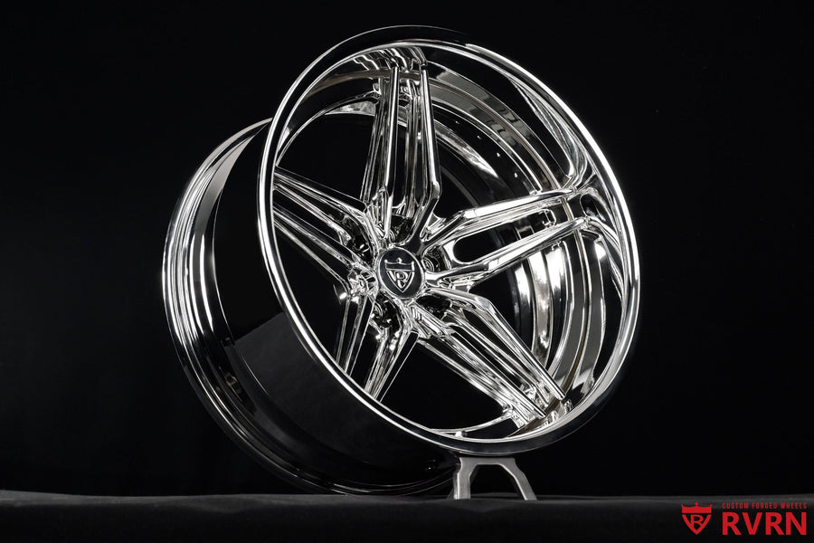 RVRN RV-DP03 two-piece forged chrome 5-spoke deep-dish wheel for a 1958 Ford Fairlane project, front three-quarter view; 19x9 -13.5MM front, 20x10 -58MM rear.