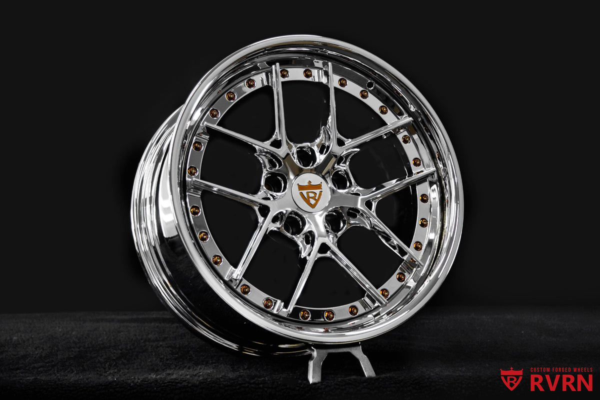 Chrome hardware detail of the RVRN RV-DR08D 2-piece forged Camaro wheels engineered for precision assembly.