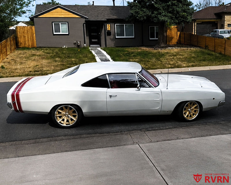 Side view of Everett's 1968 Dodge Charger on RVRN RV-DF67 deep dish classic forged wheels with champagne gold spokes, chrome barrels, and three-blade chrome caps.