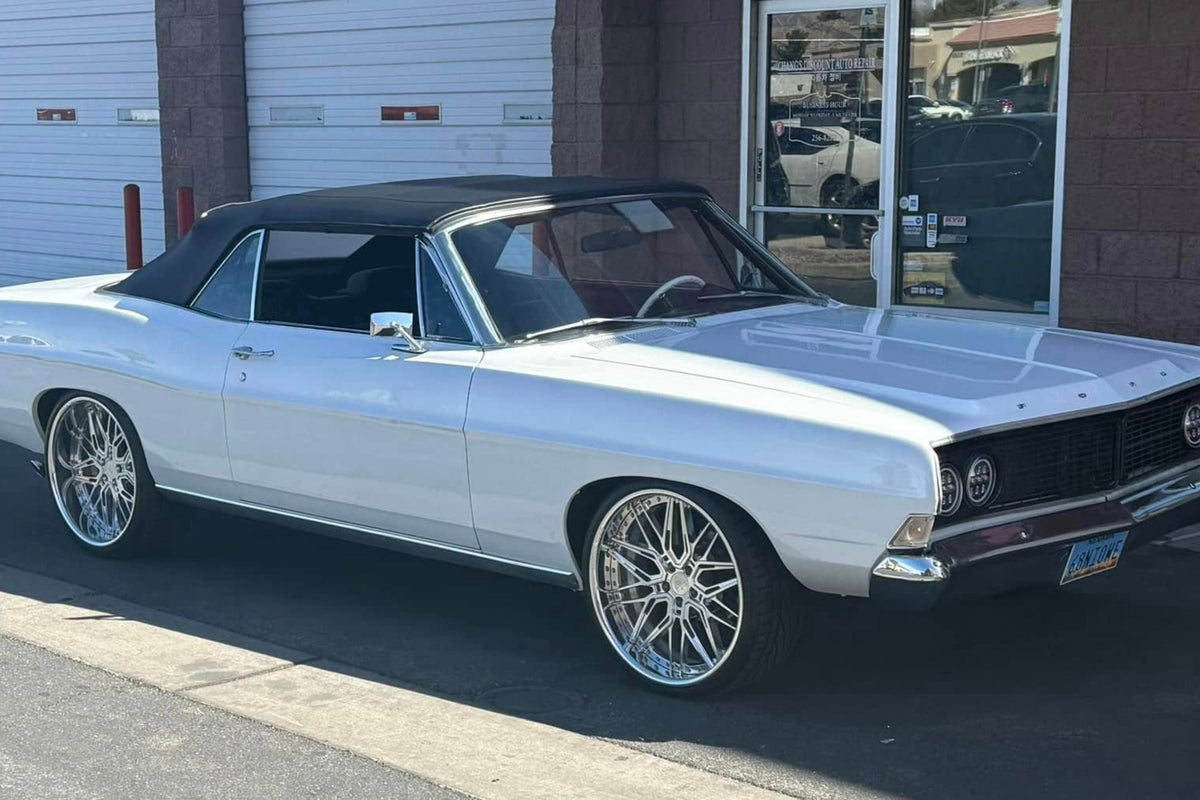 1968 Ford Galaxie 500 on RVRN custom forged wheels, white two-door hardtop photographed from the front three-quarter.