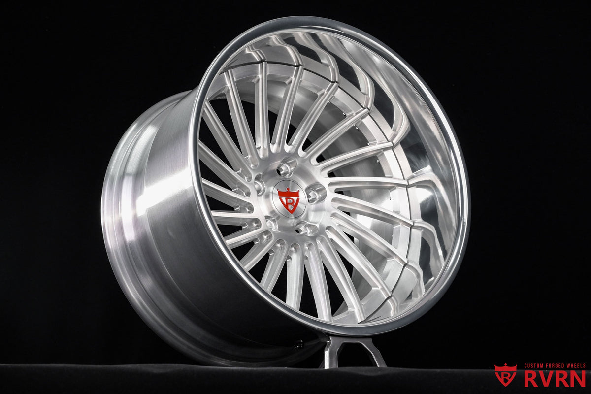 RVRN RV-DN01 directional Mustang wheels with left- and right-hand rotation, deep dish construction, brushed aluminum finish and 19x12 -26.2MM sizing.
