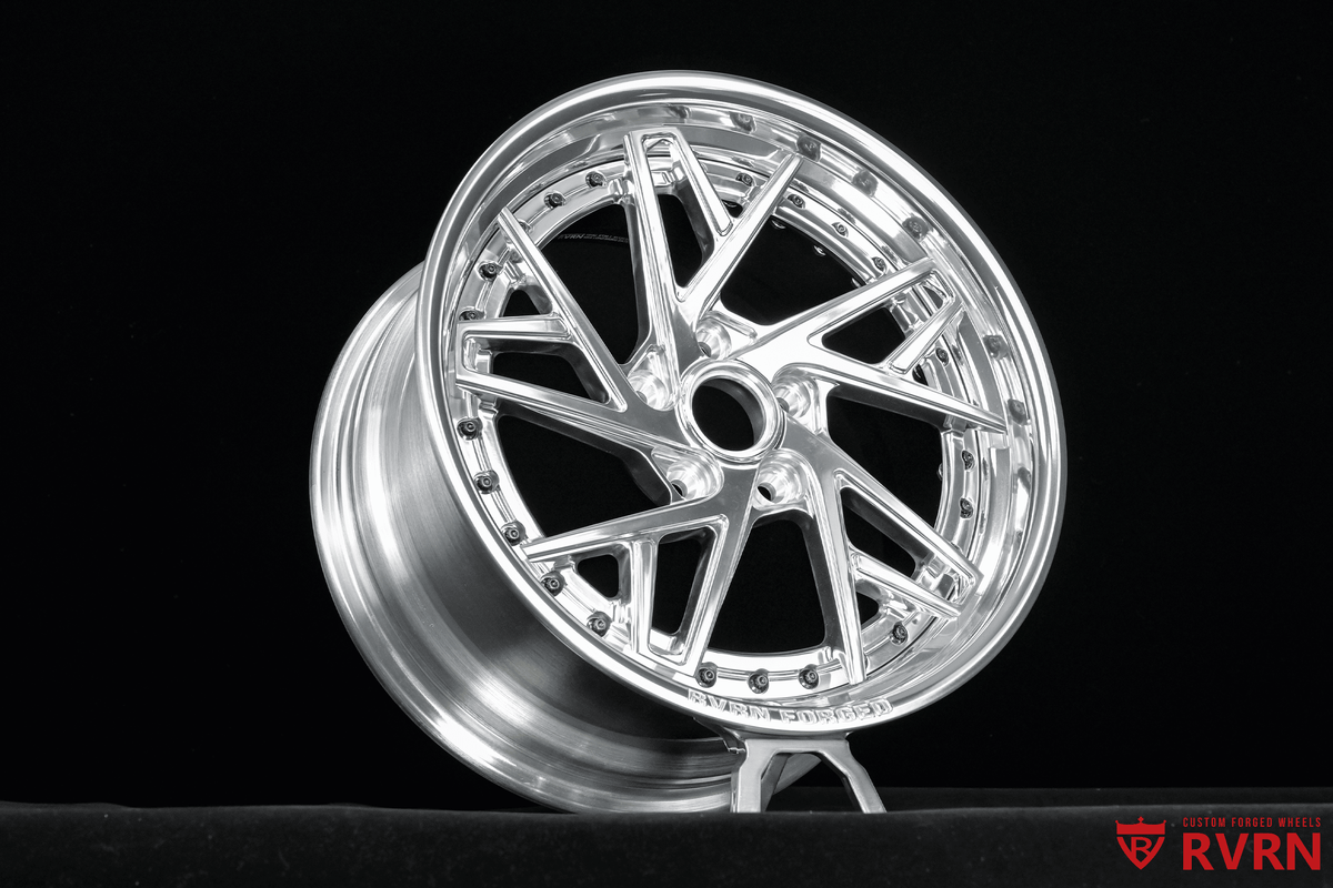 Polished RVRN RV-DS74 custom forged multi-spoke wheel built for a 1974 Pontiac Firebird Trans AM.