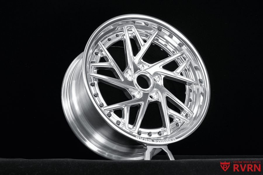 Polished RVRN RV-DS74 custom forged multi-spoke wheel built for a 1974 Pontiac Firebird Trans AM.