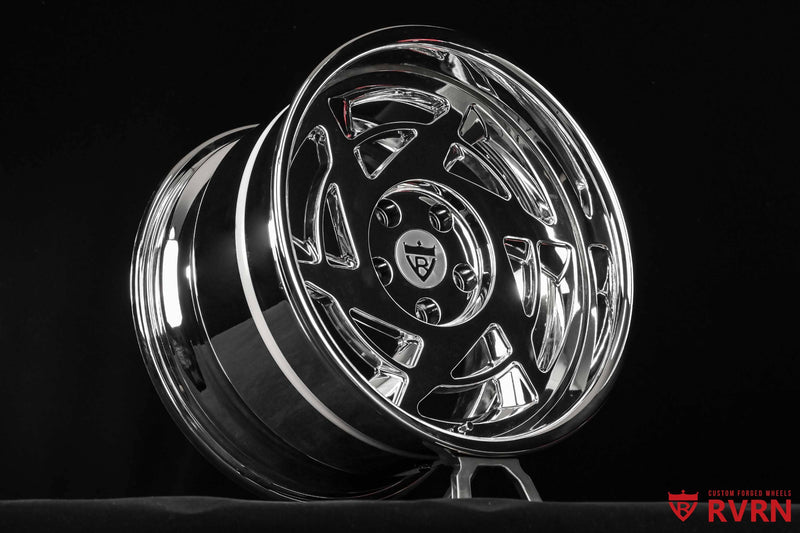 Full detail view of RVRN RV-DR155 custom forged wheels on a 1990 Corvette C4 ZR1, featuring 3-piece construction, deep dish styling, all chrome finish, and 17x11 +25MM fitment.