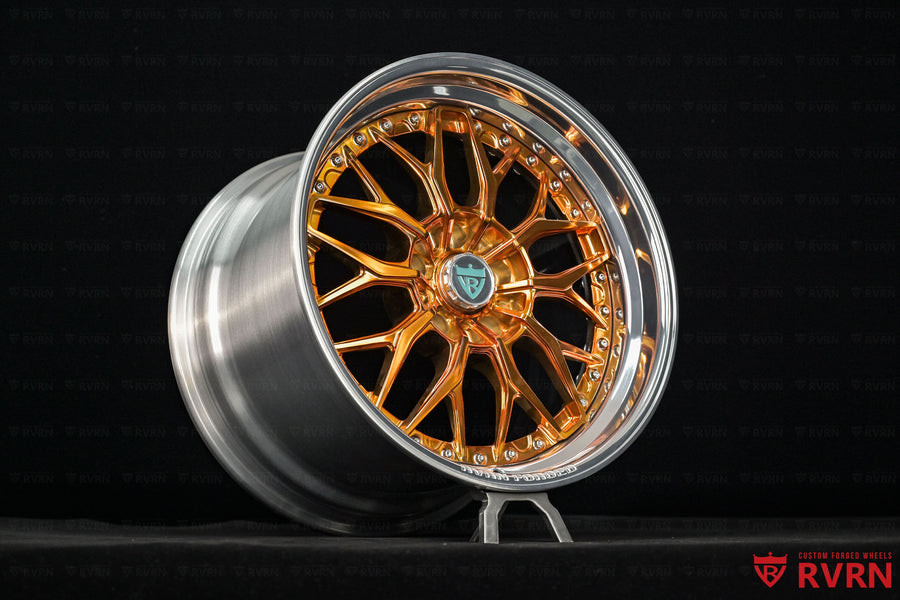 Polished Bronze mesh forged wheel with brushed aluminium outer barrel, RVRN RV-DC12 custom wheels for the 1995 Corvette ZR1