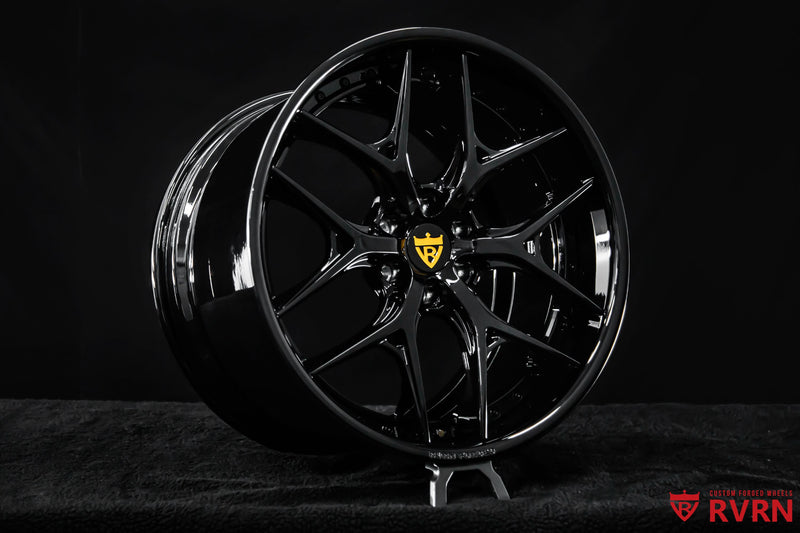 Detailed view of the RV-DR08D 20x13 rear Dodge Viper wheel with Y-spoke styling and an all gloss black finish