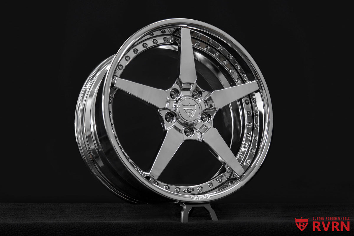 Full face view of the RV-DF14 custom forged 5 spoke chrome wheel with a clean performance-inspired design for Corvette C6 Base.