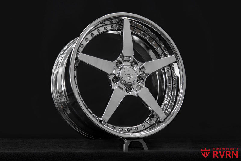 Full face view of the RV-DF14 custom forged 5 spoke chrome wheel with a clean performance-inspired design for Corvette C6 Base.