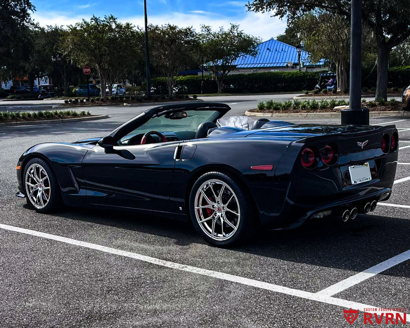 2007 Corvette C6 convertible on RVRN RV-MC24 1-piece forged wheels in chrome with staggered 18x8.5 front and 19x10 rear flush fitment, rear three-quarter view.