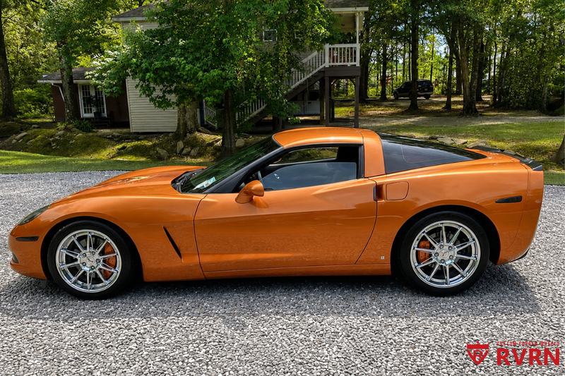 Side view of a 2009 Corvette C6 Base on RVRN RV-DC26 deep dish 10-spoke custom forged 2-piece wheels with polished aluminum spokes and 18x8.5 front, 19x10 rear fitment.