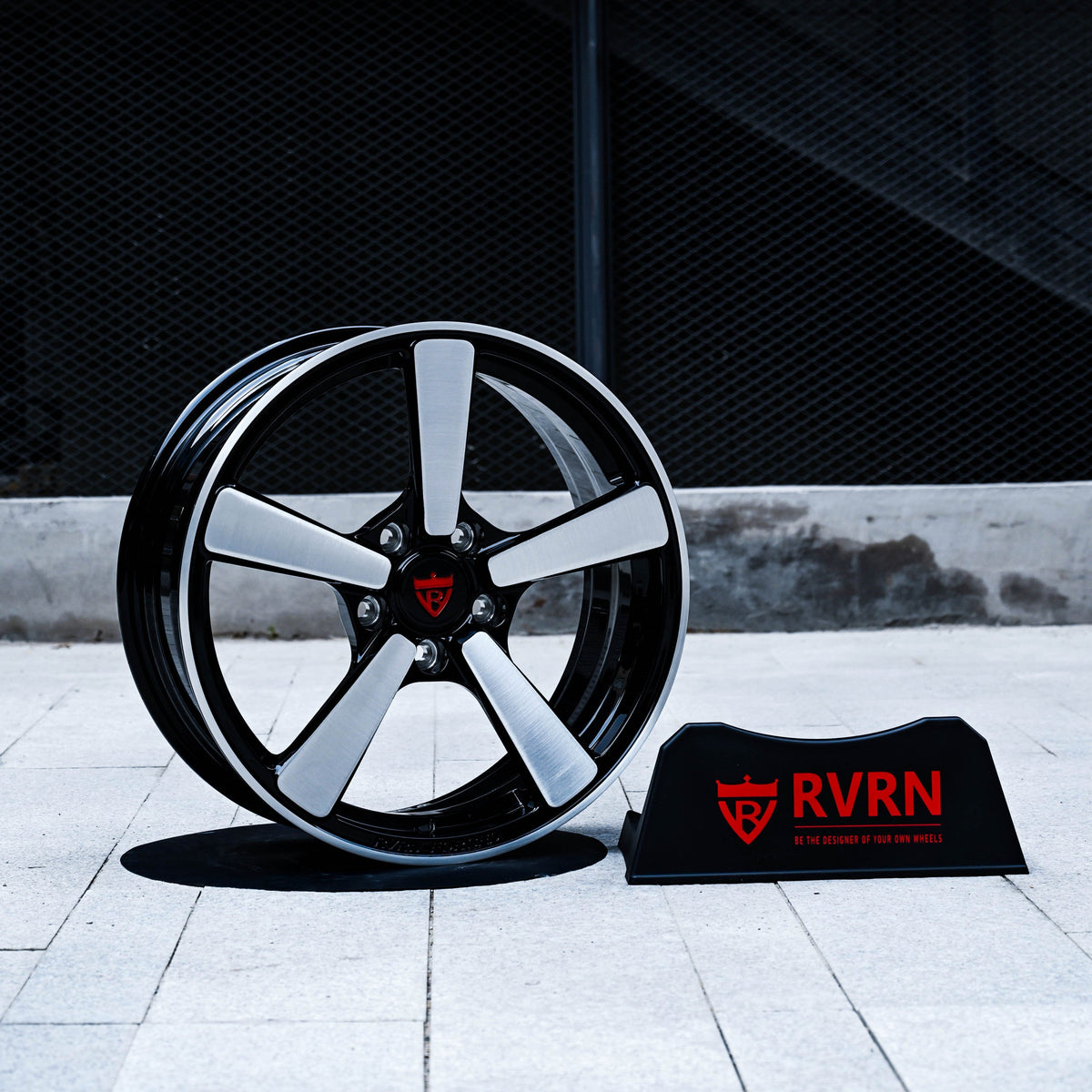 RVRN RV-MP223 custom forged 5 spoke wheel built for a 2011 Chevy Camaro LT, brushed spoke faces with a gloss black barrel, three-quarter face view.