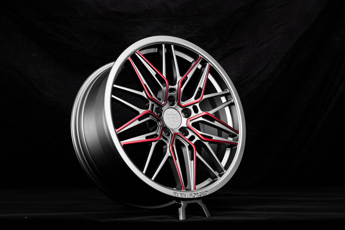 RV-MS808 forged wheel for a 2012 Audi Q5 Sport in matte gunmetal with a Metallic Dragon Blood Red accent stripe