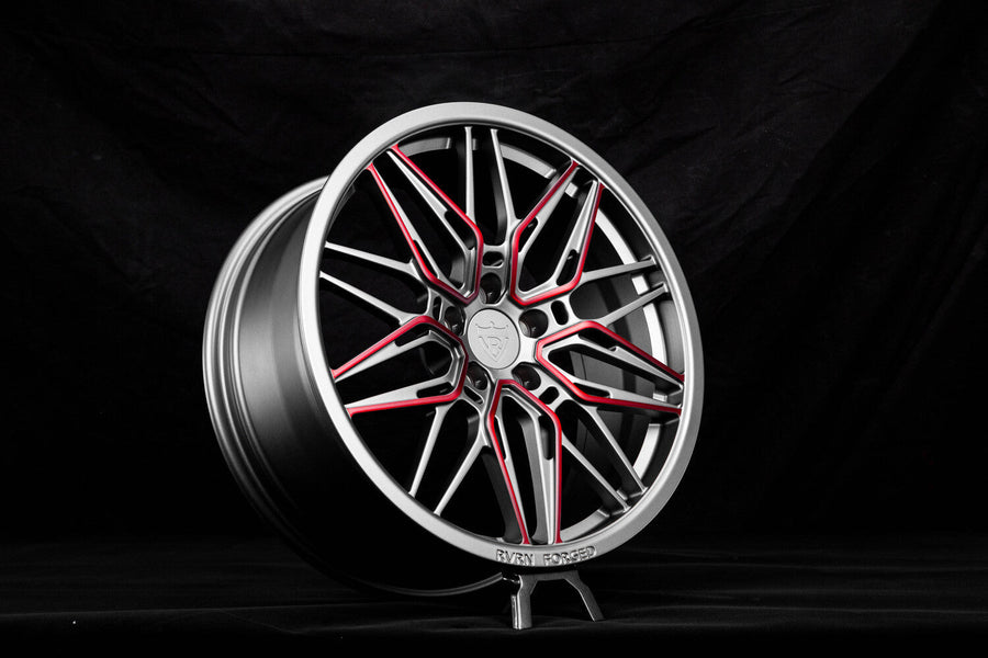 RV-MS808 forged wheel for a 2012 Audi Q5 Sport in matte gunmetal with a Metallic Dragon Blood Red accent stripe