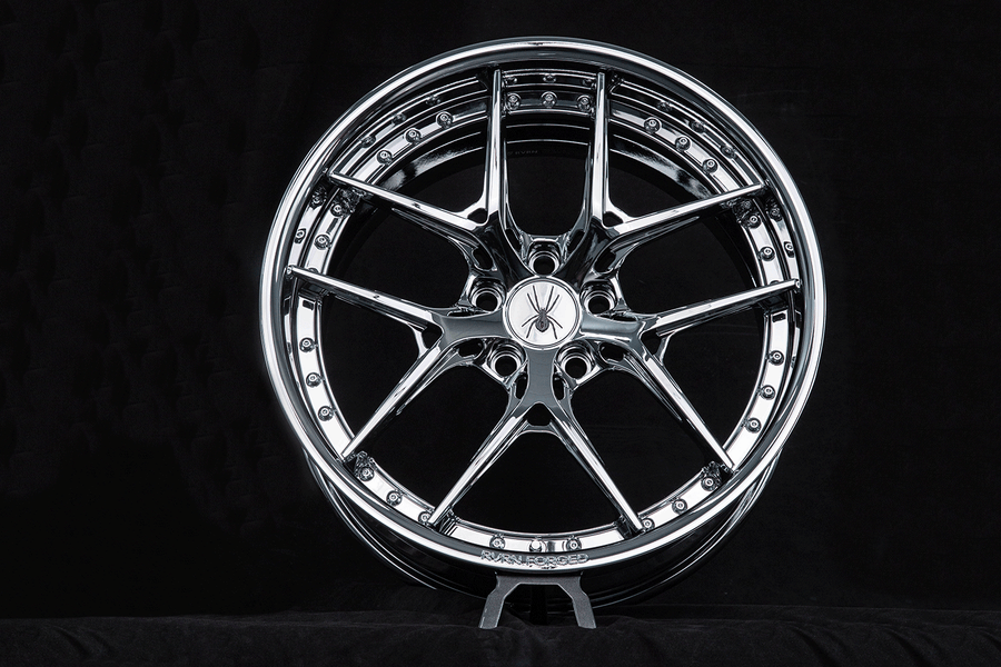 RV-DR08D deep dish chrome forged wheel for a 2012 Chevy Camaro SS with visible rim rivets, studio view