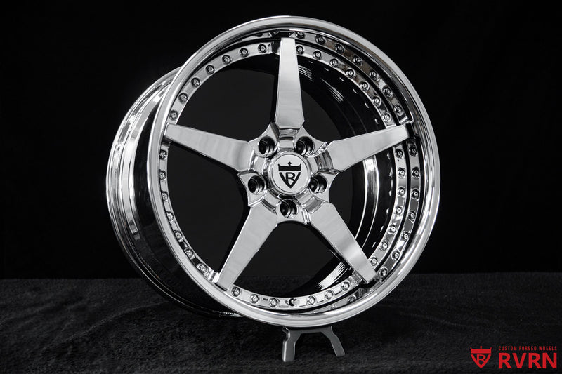 RVRN RV-DF14 custom deep dish forged wheels for Corvette C6 Grand Sport, all chrome with a 5-spoke design and staggered 18x9.5 front, 19x12 rear setup