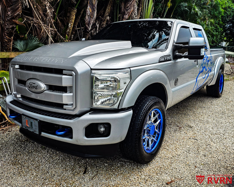 2012 Ford F250 Super Duty on RVRN RV-DR08D 2-piece custom forged wheels with Polished Aluminum Spoke and Blue Chrome Barrel.