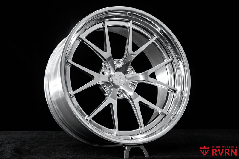 Complete set of RVRN RV-DC23 Cadillac Escalade forged wheels with 22x10 front and rear custom specifications.