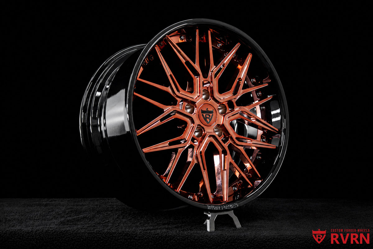 Complete RVRN RV-T081 Camaro SS custom forged wheel set featuring 20x10 front and 20x11 rear polished rose gold finish.