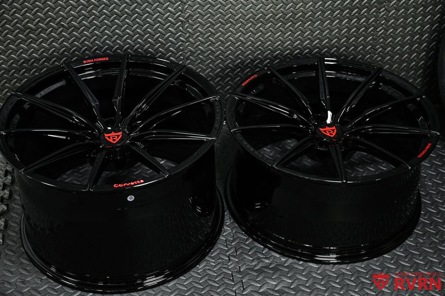 2013 Corvette C6 Z06 custom concave forged wheels, RVRN RV-MJ02, Gloss Black and RVRN Red "Corvette", 20x10 +23MM / 20x12.5 +45MM