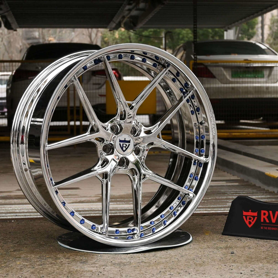 2013 Dodge Charger R/T wheels custom 24x9.5 deep dish forged 2-piece RV-DR08D rims in Custom Blue and mirror Chrome.