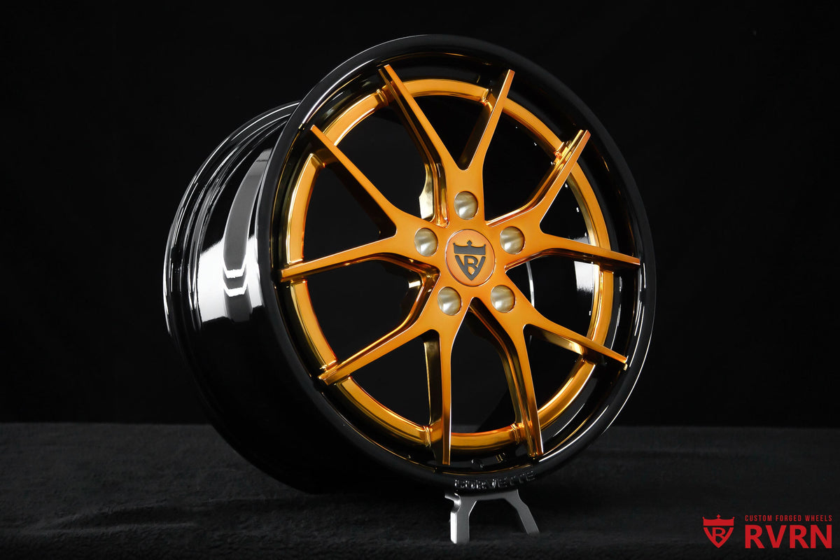 Full view of RVRN RV-DC24 Corvette C7 wheels with Y-spoke two-piece forged construction, gloss black barrel, polished bronze spokes and custom 18x8.5 and 19x10 fitment