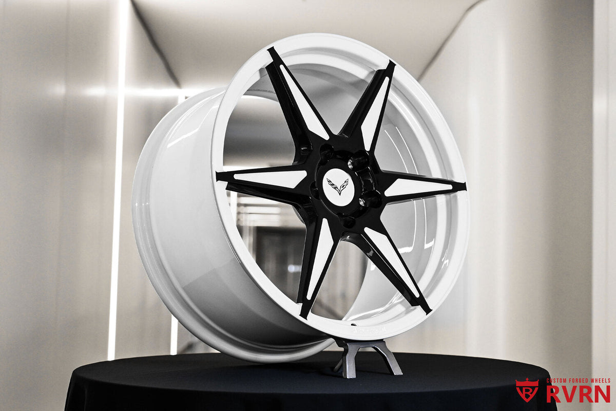2014 Corvette Base Model White & Black Wheels :RV-MC19 showcasing custom design by RVRN Wheels, featuring forged construction.