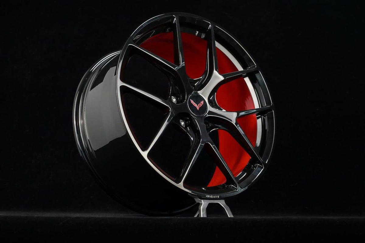 2015 Corvette C7 Stingray Z51 custom concave forged wheels, RVRN RV-MR05, Gloss Black and RVRN Red, 20x9.5 +53MM / 21x11 +70MM