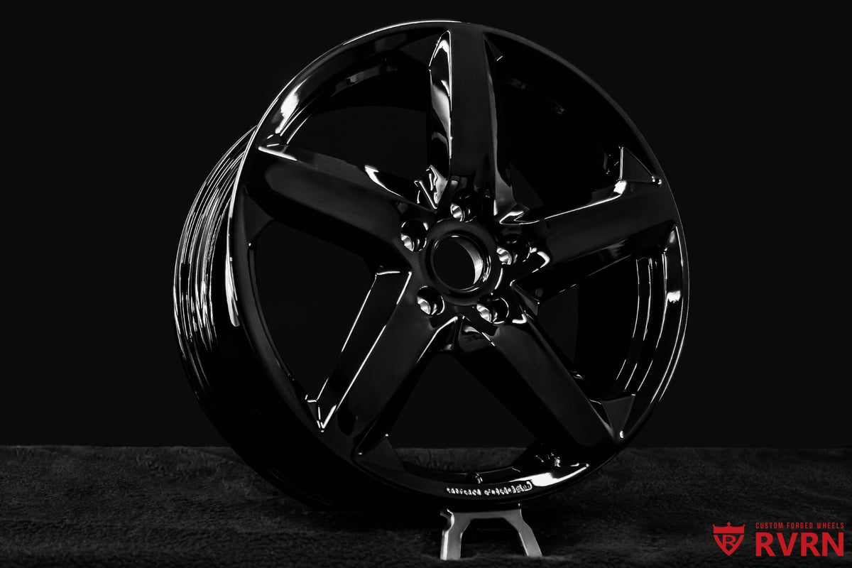 RVRN RV-MT02 Corvette C7 forged wheels with custom fitment, directional 5-spoke design, gloss black finish, 19x8.5 front and 20x10 rear