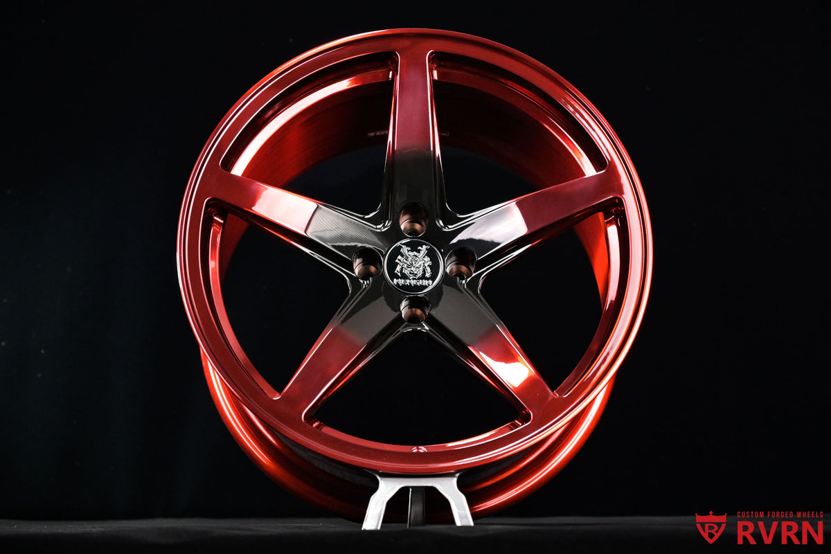 Front view of custom RVRN RV-MF15 forged Honda S660 wheels with a 5-spoke concave design and polished red and black finish.