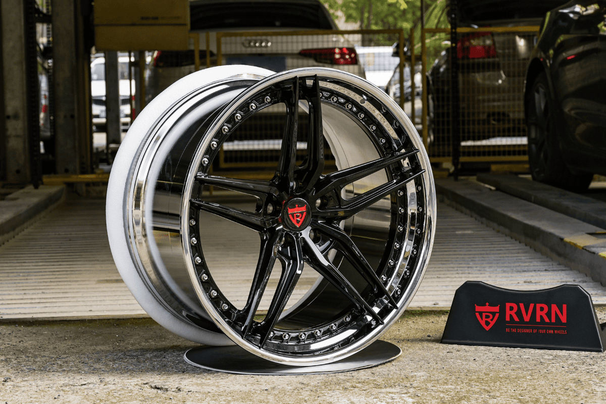 2016 Corvette C7 Stingray custom 2-piece concave forged wheels, RVRN RV-DP03, Gloss Black and Chrome, 21x10 +40MM / 22x12 +55MM
