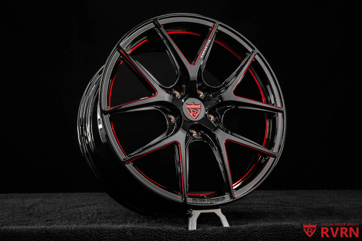 2016 Corvette Stingray C7 Z51 Gloss Black & Polished Red Y-Spoke Forged Wheels: RV-MC61
