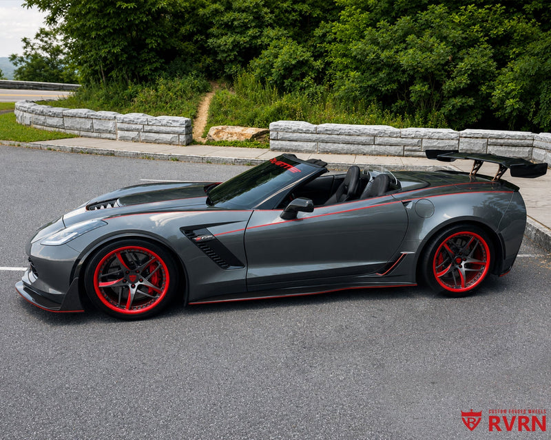 2016 Corvette C7 Z06 on RVRN RV-MC36 custom forged monoblock 5-spoke wheels with red and shark gray spokes and red barrel.
