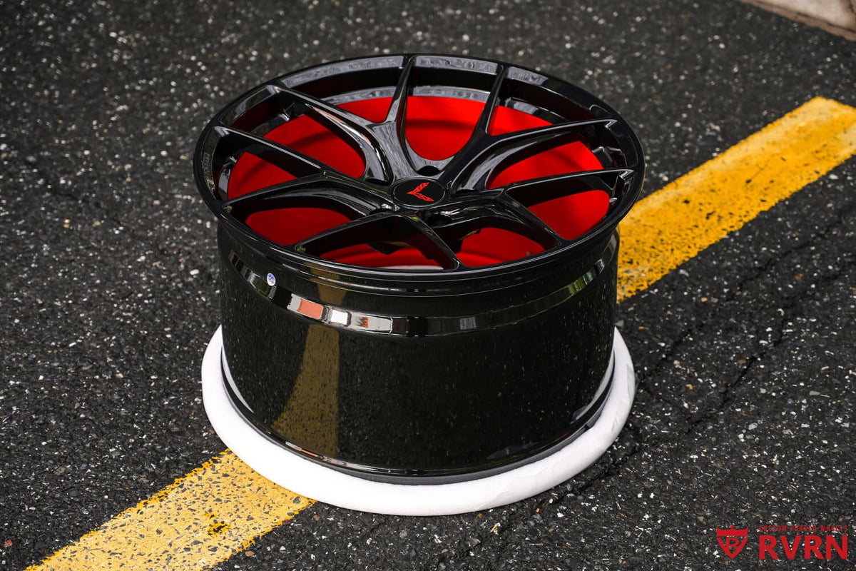 2017 Corvette C7 Grand Sport custom concave forged wheels, RVRN RV-MR05, Spoke & Outer Barrel: Gloss Black and RVRN Red, 19x10 +43MM / 20x12 +59MM