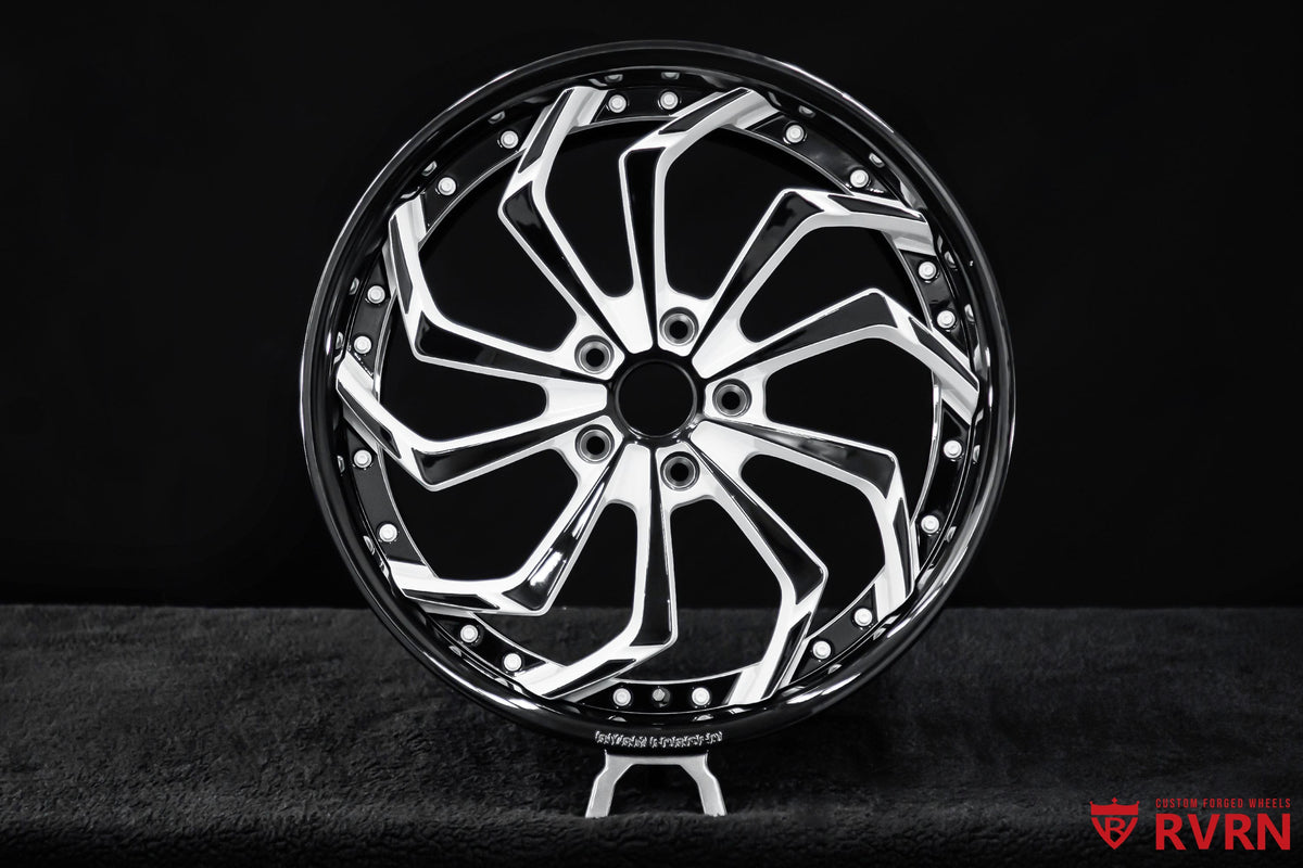 Final view of 2017 Corvette C7 Z06 on RVRN RV-DC01 custom 2-piece forged wheels, featuring Pearl White directional spokes, Gloss Black barrel and deep dish profile