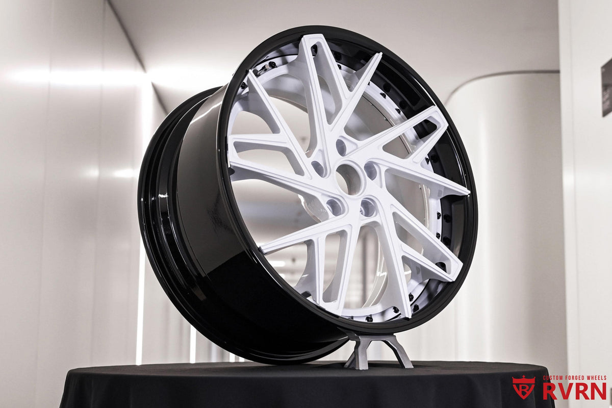 2017 Corvette C7 Z51 Black & White Wheels: RV-DS74 showcased in a sleek display, highlighting custom RVRN forged wheel design.