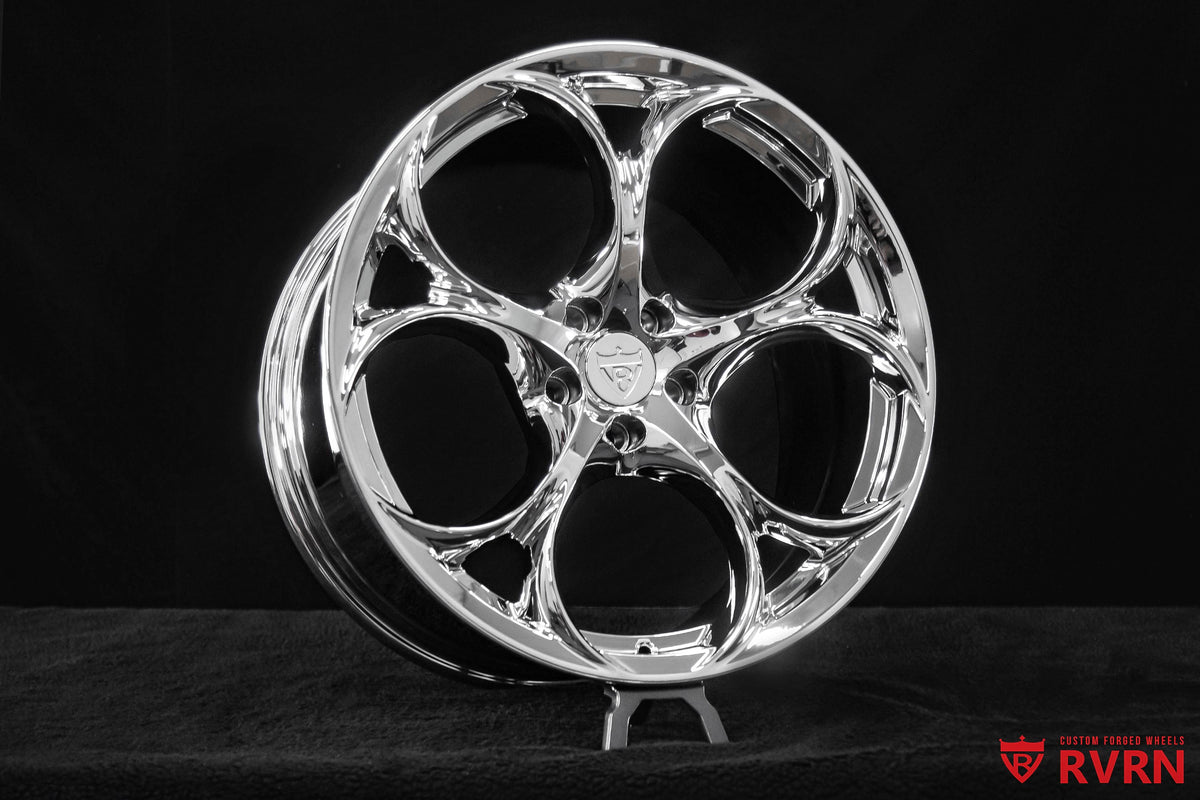 RVRN RV-MS016 wheel gallery for a 2017 Maserati Gran Turismo Sport, featuring custom all chrome forged wheels in 20x8.5 +52MM front and 20x10.5 +37MM rear.