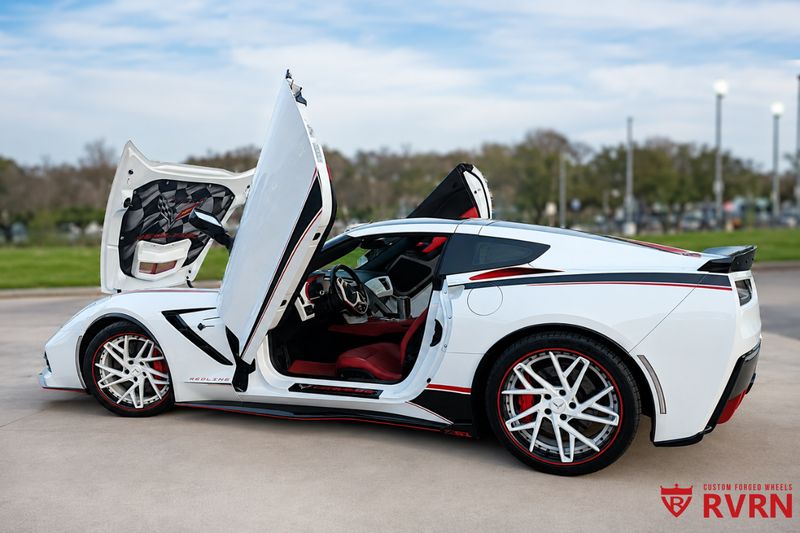 2017 Corvette C7 Z51 on RVRN RV-DS74 custom forged concave directional wheels in black and white finish in Clio, Michigan.