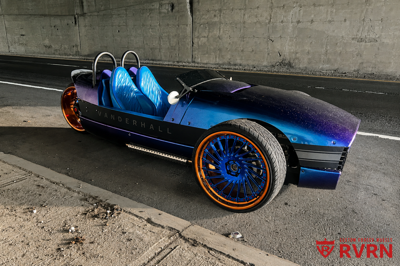 2018 Vanderhall Venice on RVRN RV-DN01 custom forged 2-piece deep dish directional wheels with polished blue spokes and polished bronze barrel in Boston, Massachusetts.