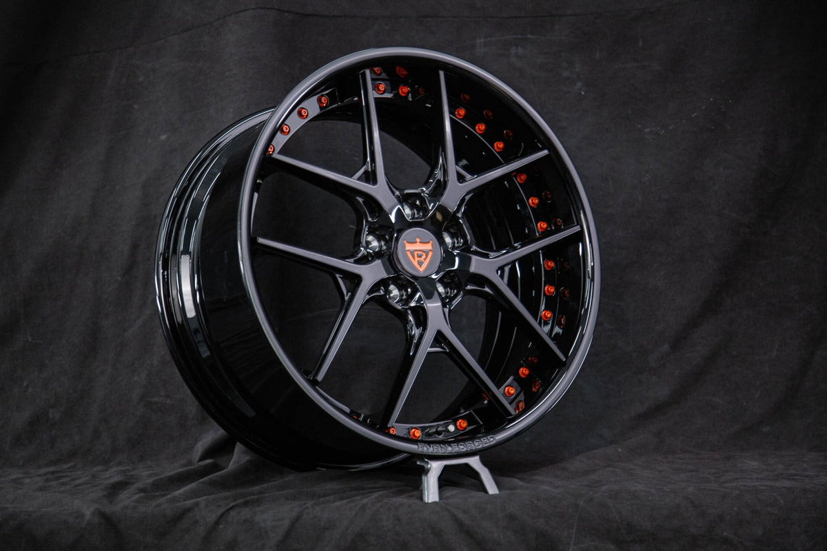 2019 Corvette C7 Stingray custom 2-piece deep dish forged wheels, RVRN RV-DR08, Gloss Black and Orange, 19x8.5 +48MM / 20x10 +66MM