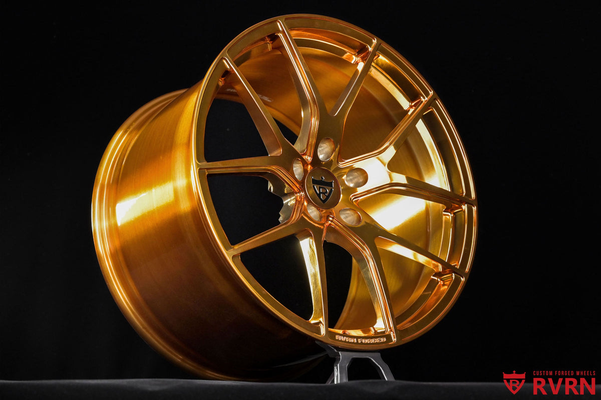 Polished bronze finish detail on an RVRN RV-MC24 one-piece forged wheel with Y-spoke styling for Corvette C7 Z06 fitment.
