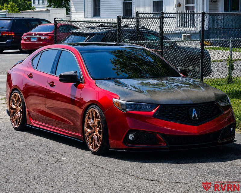 2019 Acura TLX on RVRN RV-MR616 monoblock custom forged wheels in Polished Rose Gold finish, front three-quarter view.