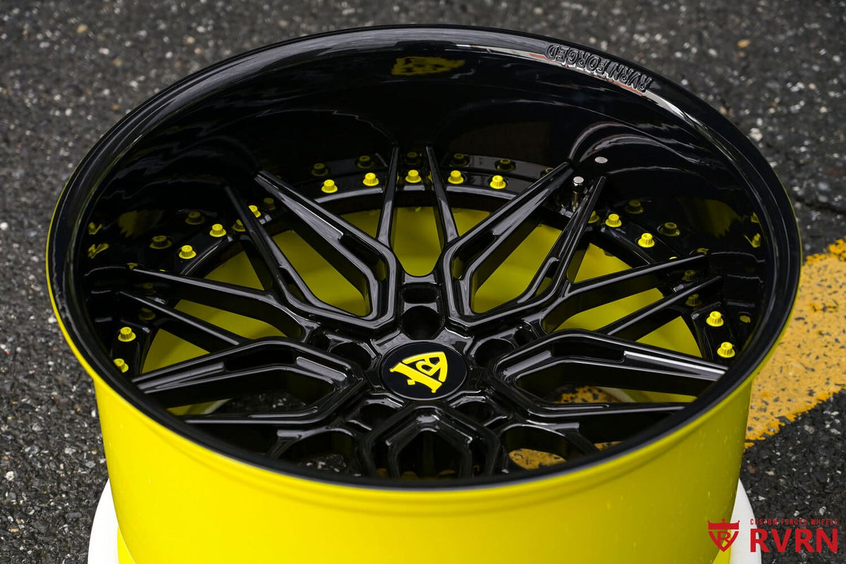 2020 Corvette C8 Stingray Widebody custom 2-piece deep dish forged wheels, RVRN RV-T081, Spoke & Inner Lip: Gloss Black, 20x9.5 -16MM / 20x12.5 -38MM